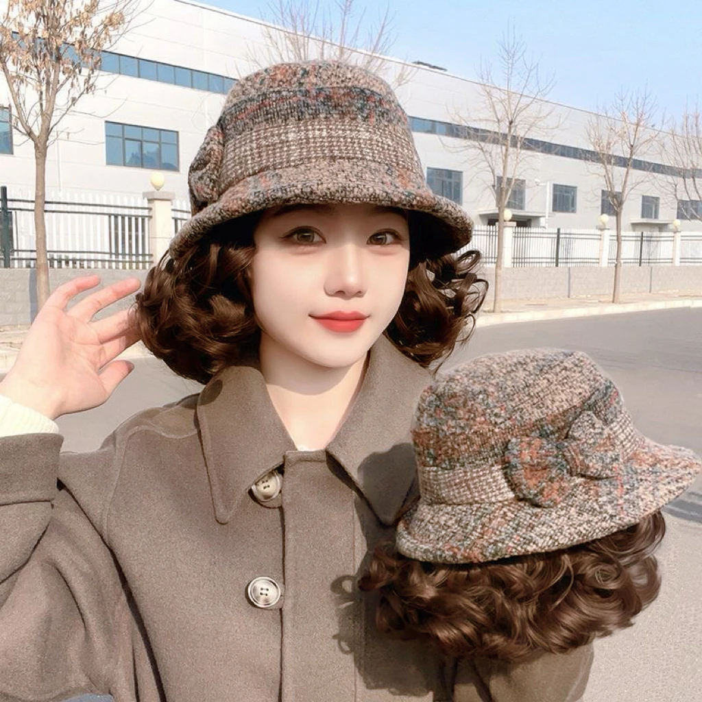 秋冬渔夫帽帽子一体新款假发中老年洋气妈妈百搭卷发时尚礼帽头套