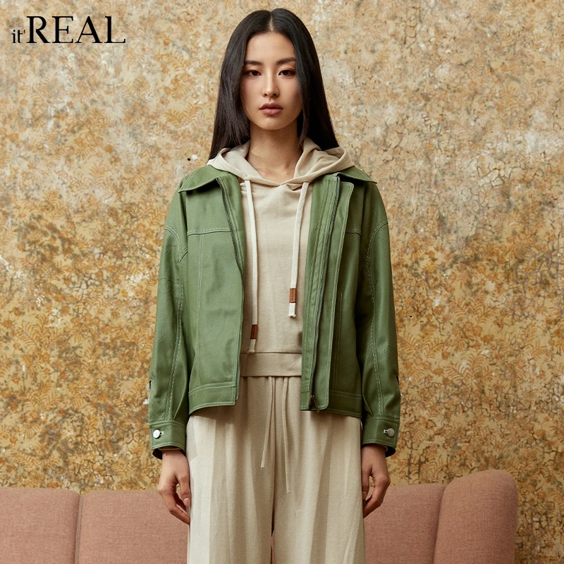 It'real瑞尔女装春季新款休闲绿色短款皮衣外套1773220003