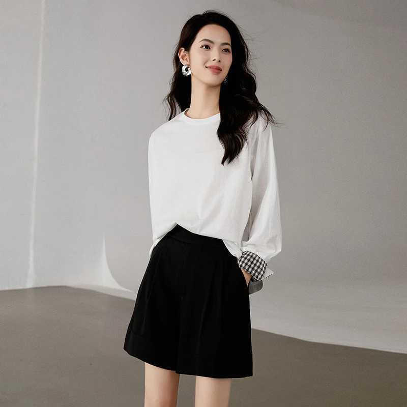 【专享】2025春款上衣拼接格纹T女24111502