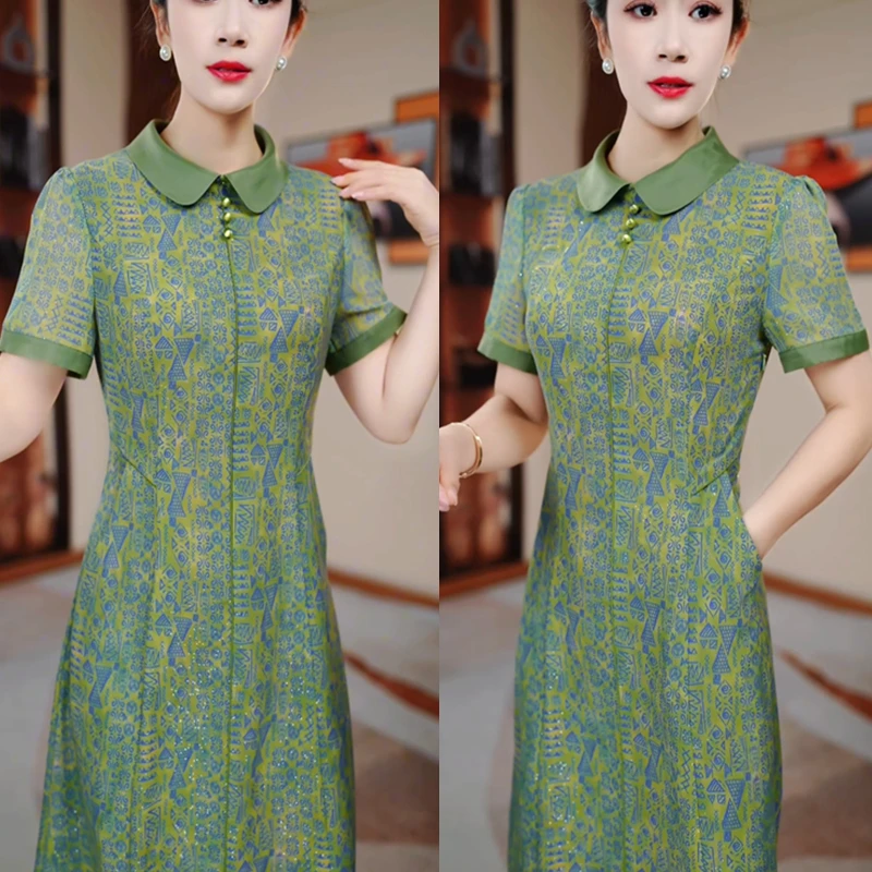 夏季新款遮肉显瘦修身气质中长款连衣裙优雅复古H5B091妈妈装洋气