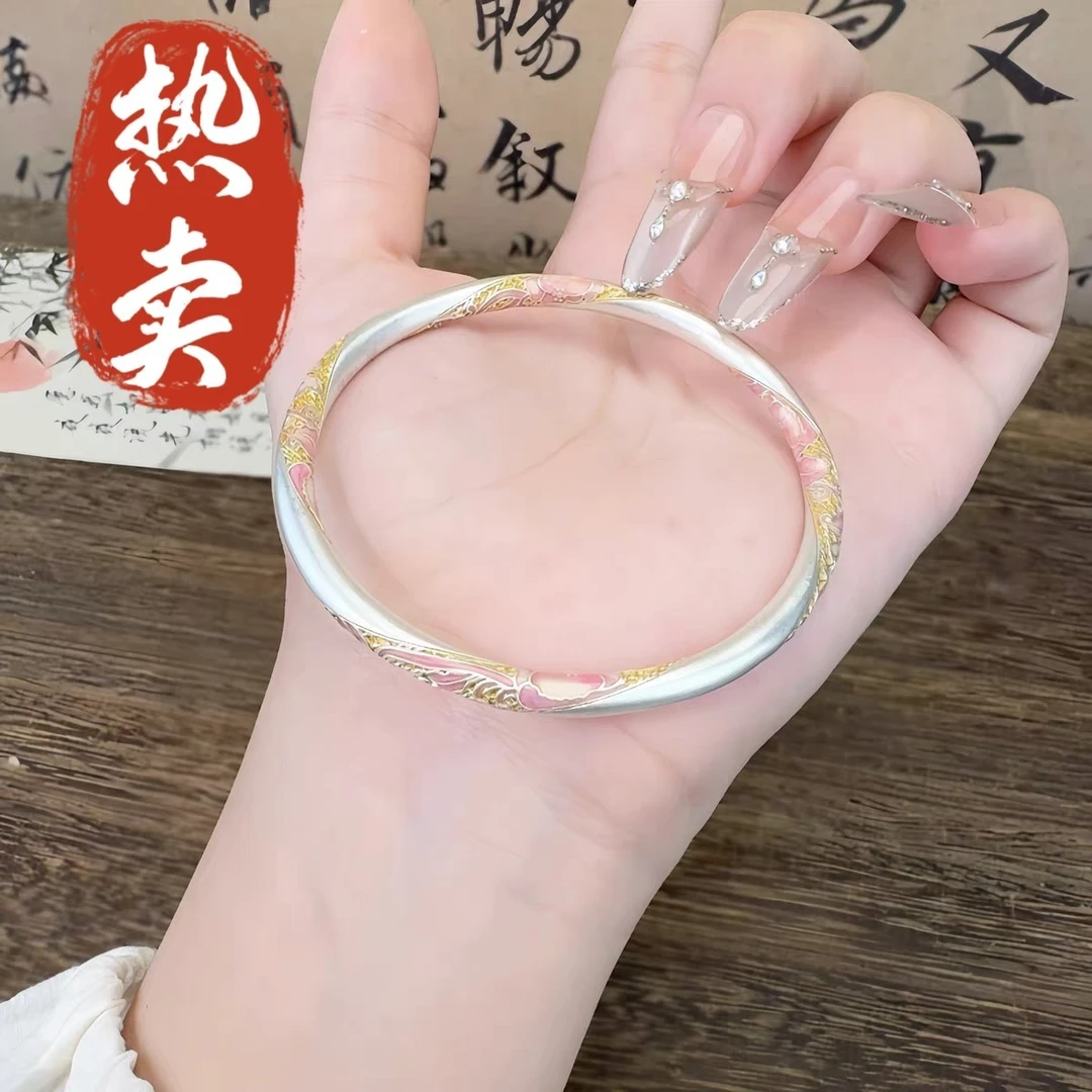 足银手镯 32号-【官方正品】粉莲花扭纹银手镯【闭口】足银999.9手镯