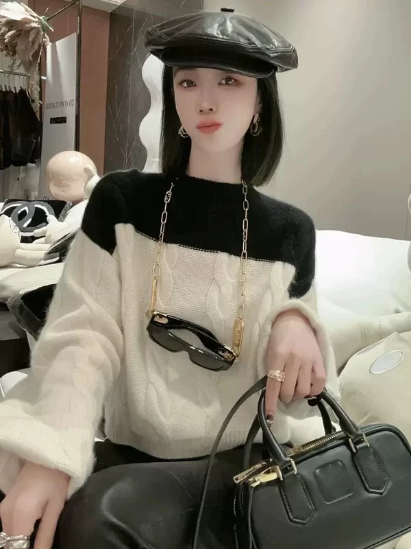 8918甜美气质减龄麻花撞色针织毛衣B305