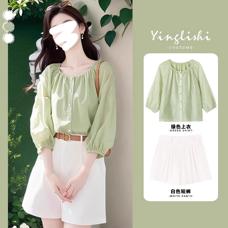 夏季穿搭一整套2025新款韩系气质显瘦上衣搭配休闲百搭短裤两件套