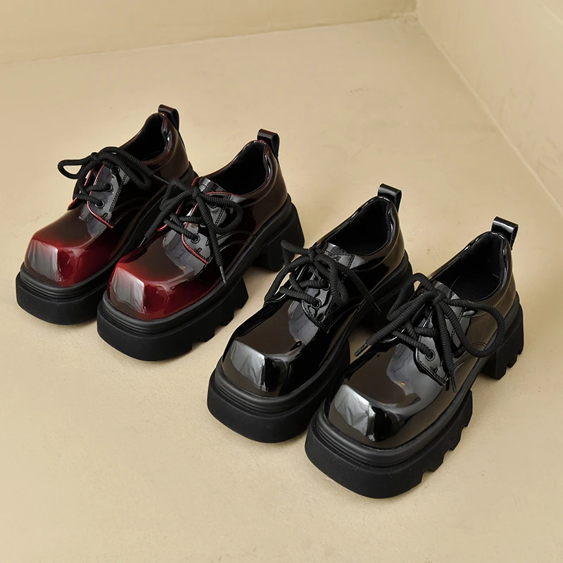 lanzhenzhu/蓝珍珠油蜡皮漆皮乐福鞋百搭小众系带厚底小皮鞋女