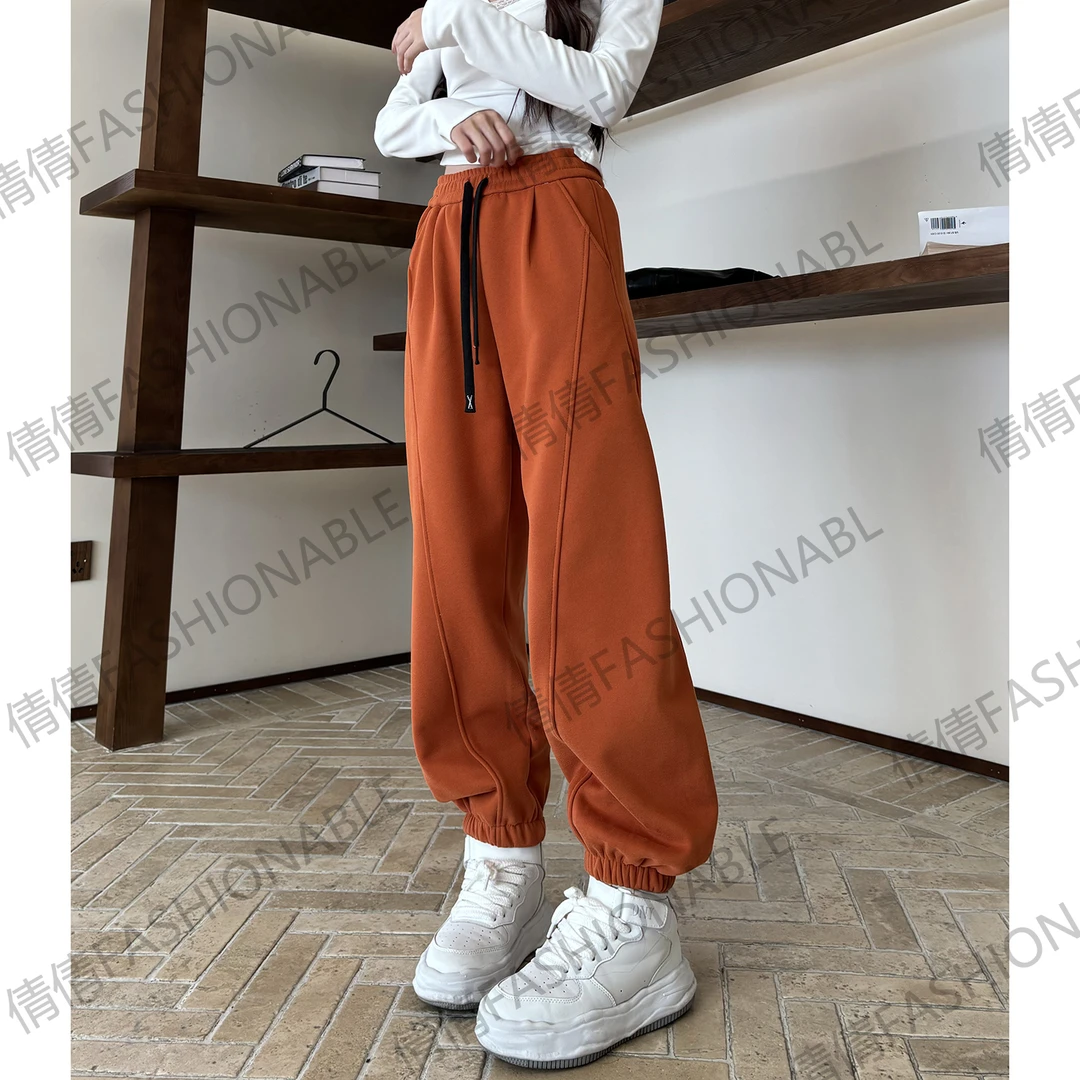 (小个子款)秋冬款加绒加厚休闲裤欧货松紧高腰卫裤宽松显瘦束脚裤