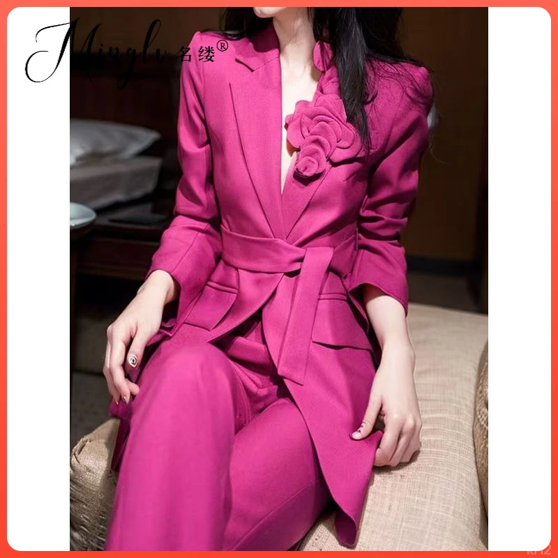 秋季气质女神款女装时尚西服套装裤粉红色商务2025修身减龄新款