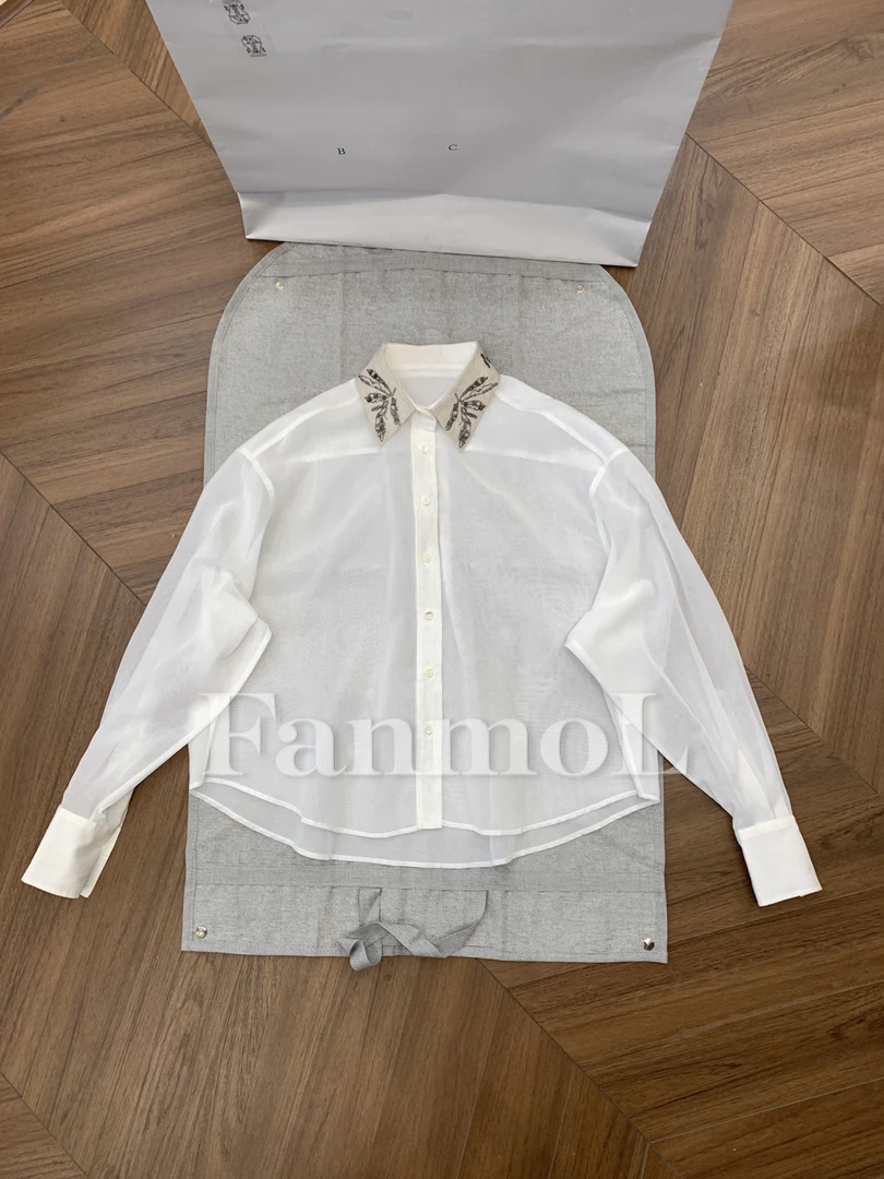 CLASSIEVU~亚麻刺绣翻领轻盈极简风干净棉质宽松长袖衬衫