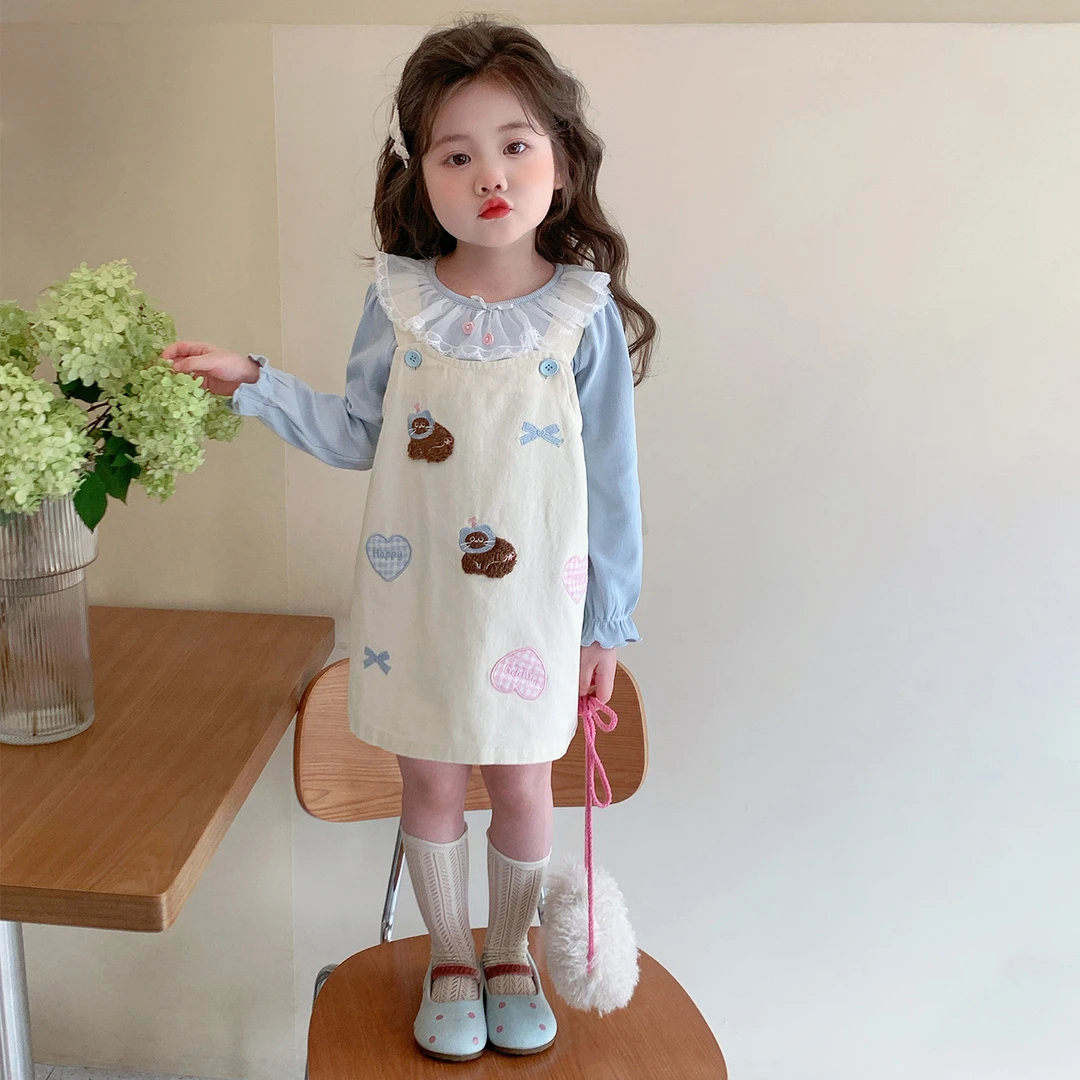 女童2025秋季洋气儿童新款薄款花边T恤卡通小猫绣花背带裙套装