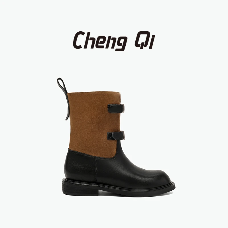 【Cheng Qi】胶粘皮带扣圆头女高跟秋冬烟筒靴马丁靴英伦风中筒