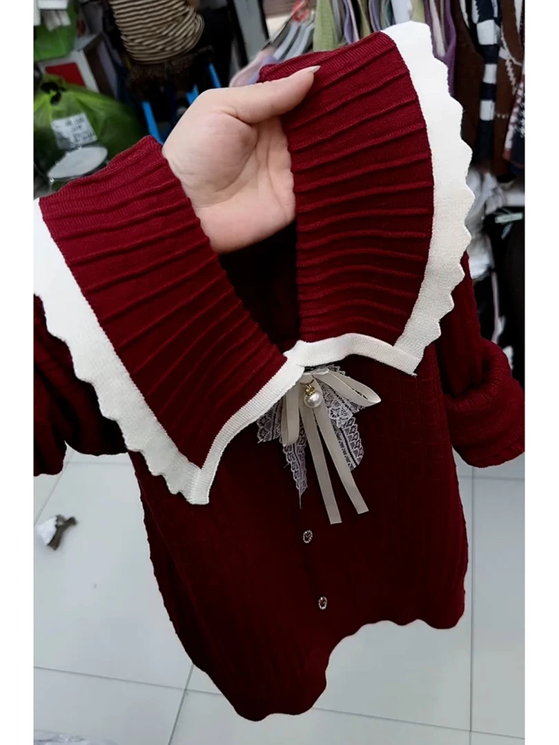 韩系翻领长袖单排扣红色上衣女2025早秋减龄显瘦显白休闲针织开衫