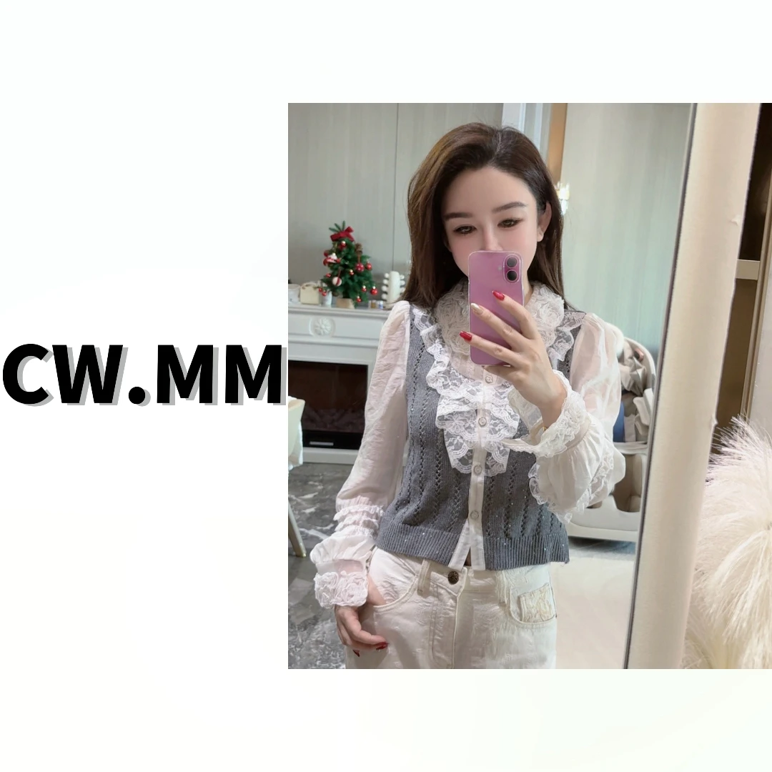 CW.MM 法式绣花领假两件拼接灰色毛衣洋气上衣