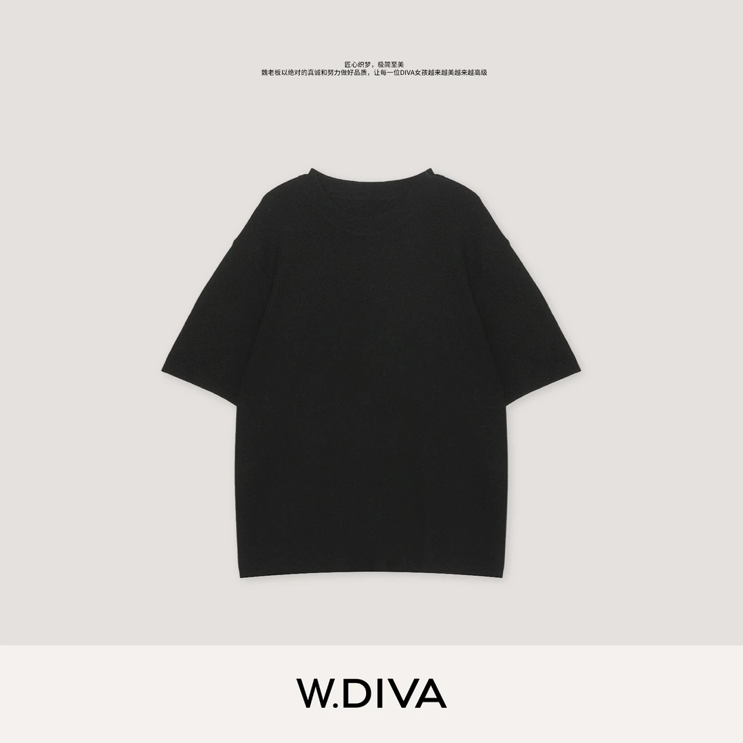 W.Diva【裸感】100绵羊毛针织衫螺纹圆领落肩短袖慵懒百搭53Z042821