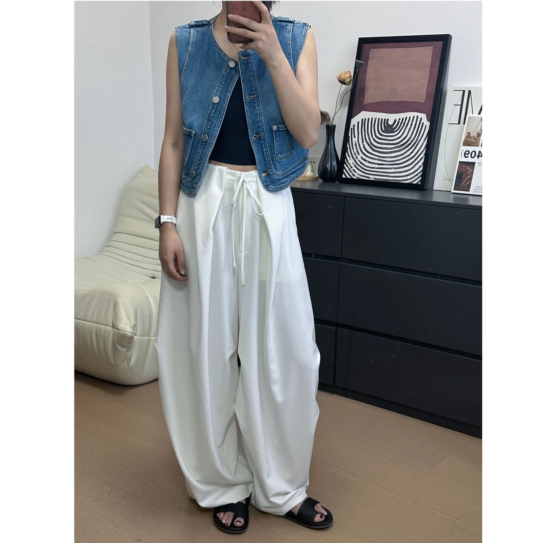 显瘦百搭精裁抗皱斜纹垂感立体褶裥阔腿及地廓形伞兵裤