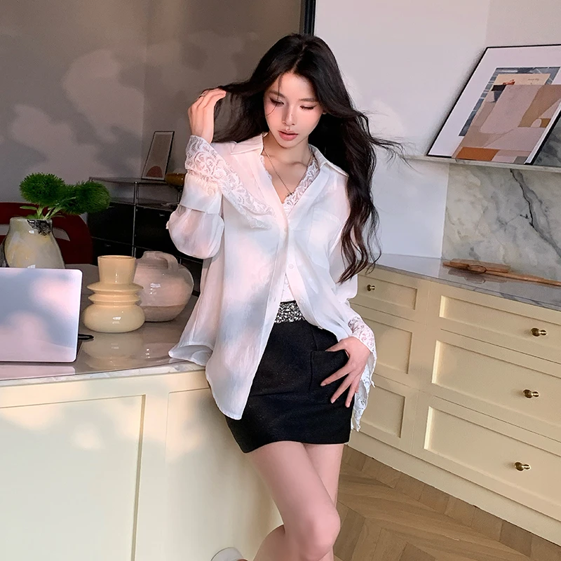 【现货】MIUCO白昼叠影 假两件拼接蕾丝背心翻领长袖白衬衫T8424