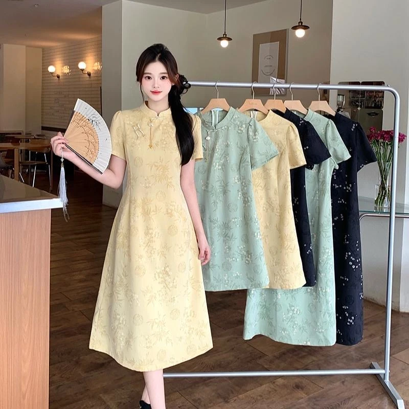 大码改良新中式盘扣提花裙子女夏季胖妹妹复古国风气质显瘦连衣裙