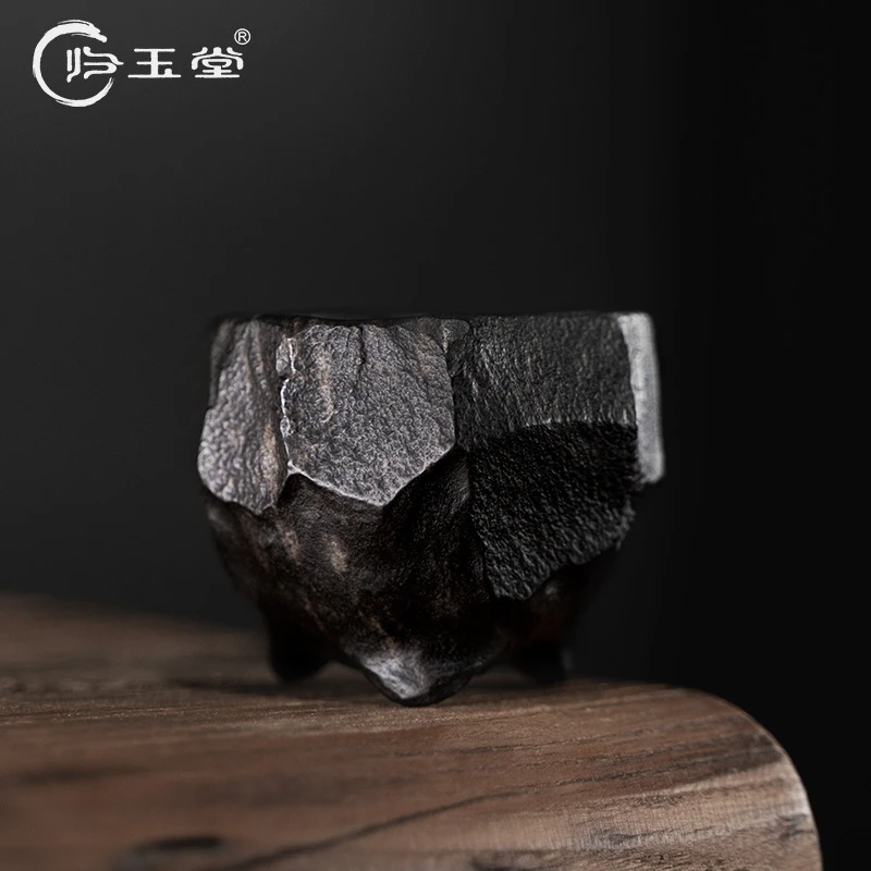 归玉堂天然冰碛岩茶杯纯手工整石手凿随形杯异形高端茶杯主人杯子