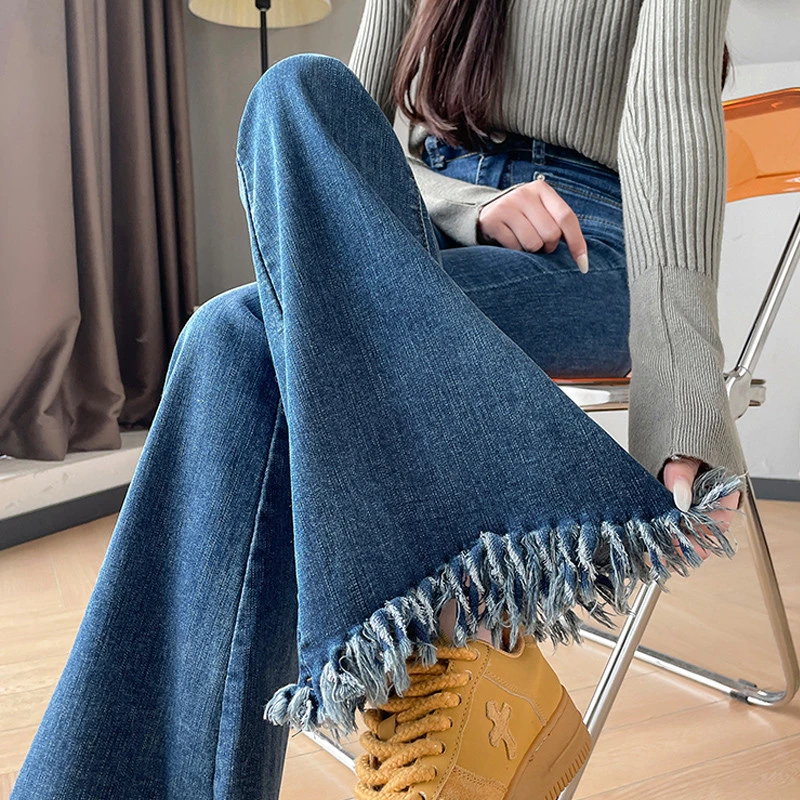 胖mm大码高腰流苏喇叭牛仔裤女2023秋季显瘦复古美式高街喇叭裤子
