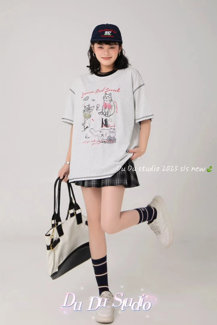 速干短袖印花T恤加厚卡通短袖半袖ins宽松休闲韩版夏装