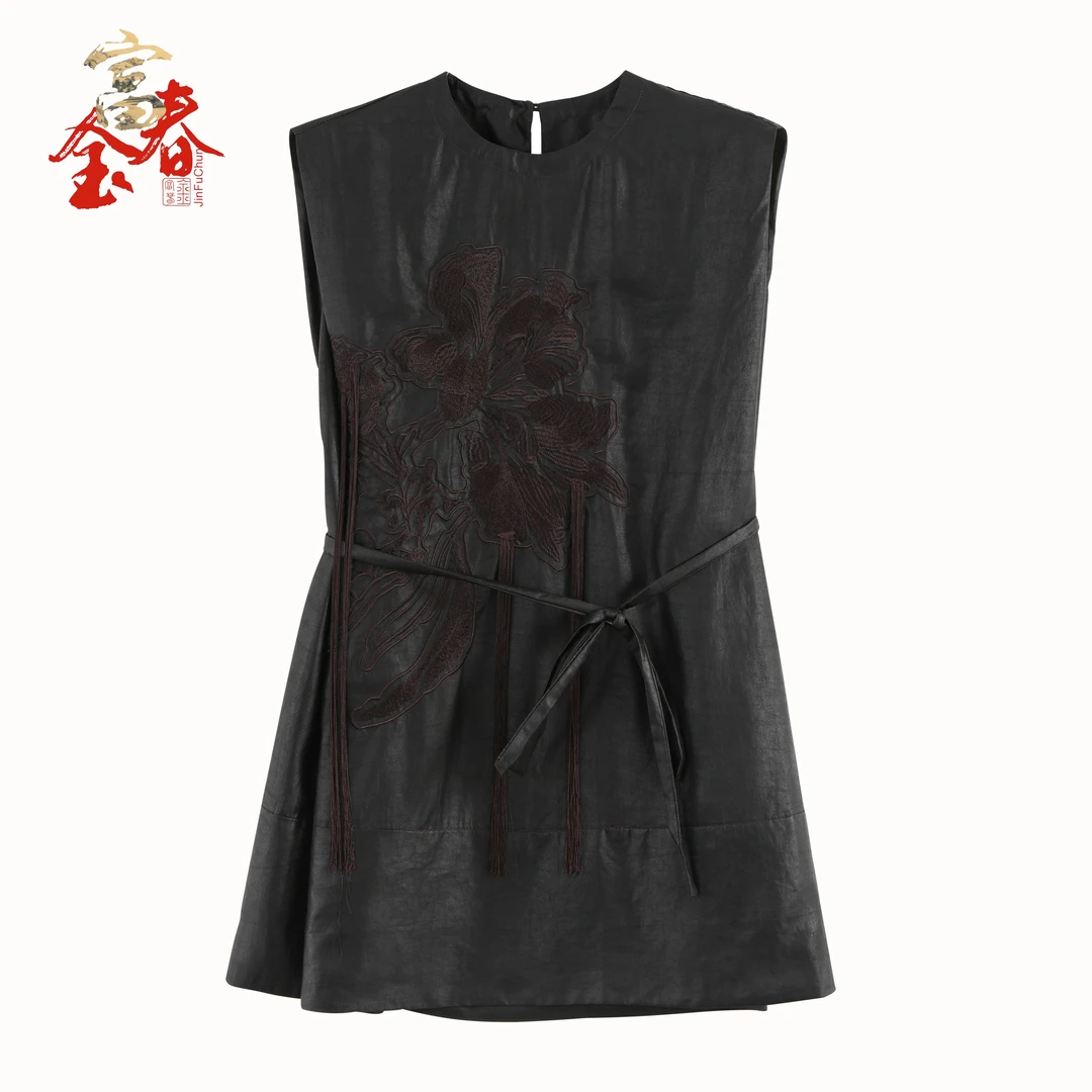 金富春新中式香云纱复古黑色连衣裙无袖提花气质裙子夏季25QDS391