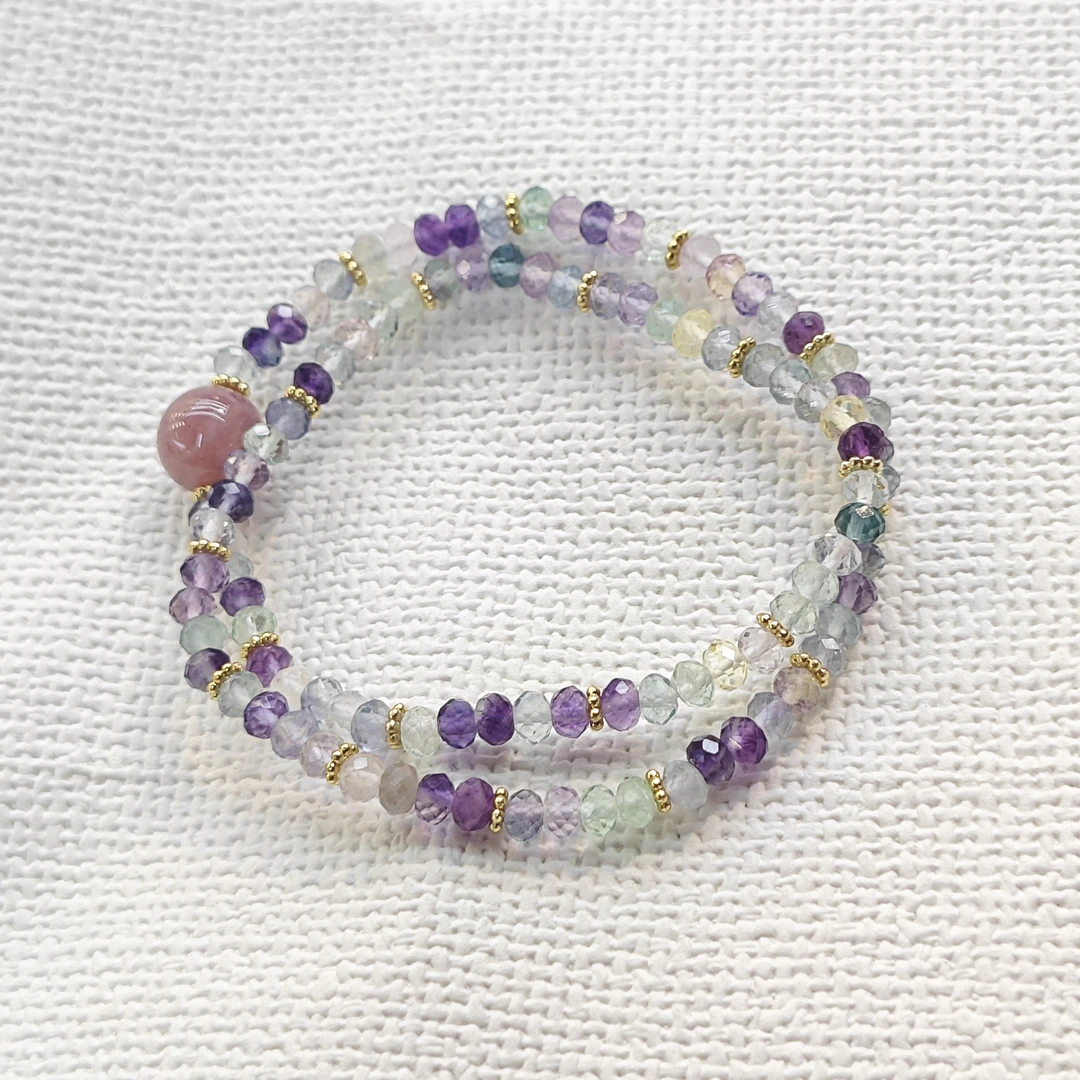 紫锂辉顶珠切面萤石双圈手串F199 hn