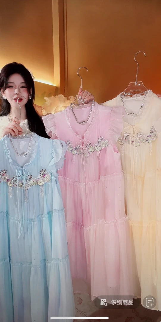 【崔】L0200法式甜美白色小飞飞袖连衣裙宽松娃娃蛋糕中长裙子