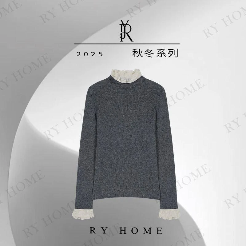 【容雨RYHOME】羊毛混纺设计感花边拼接针织衫253M3213