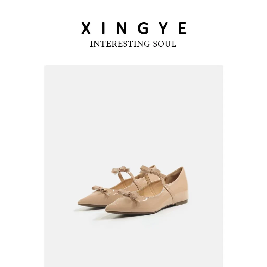 XINGYE内增高尖头蝴蝶结纯色单鞋乐福鞋粗跟玛丽珍秋季女鞋浅口