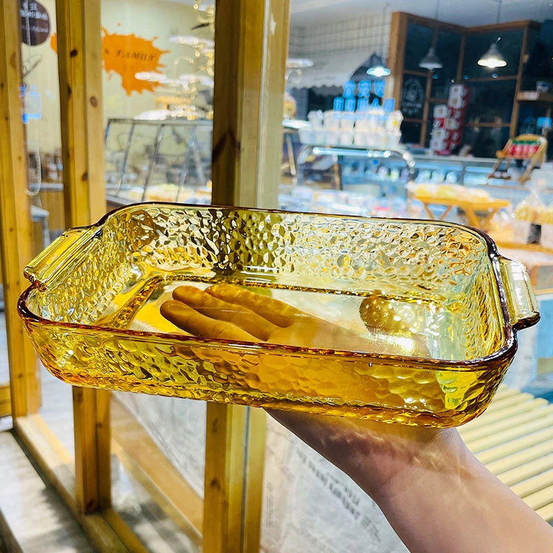 【夏日特惠】琥珀钢化原色料锤纹款双耳烤盘耐热鹏硅材质长方形