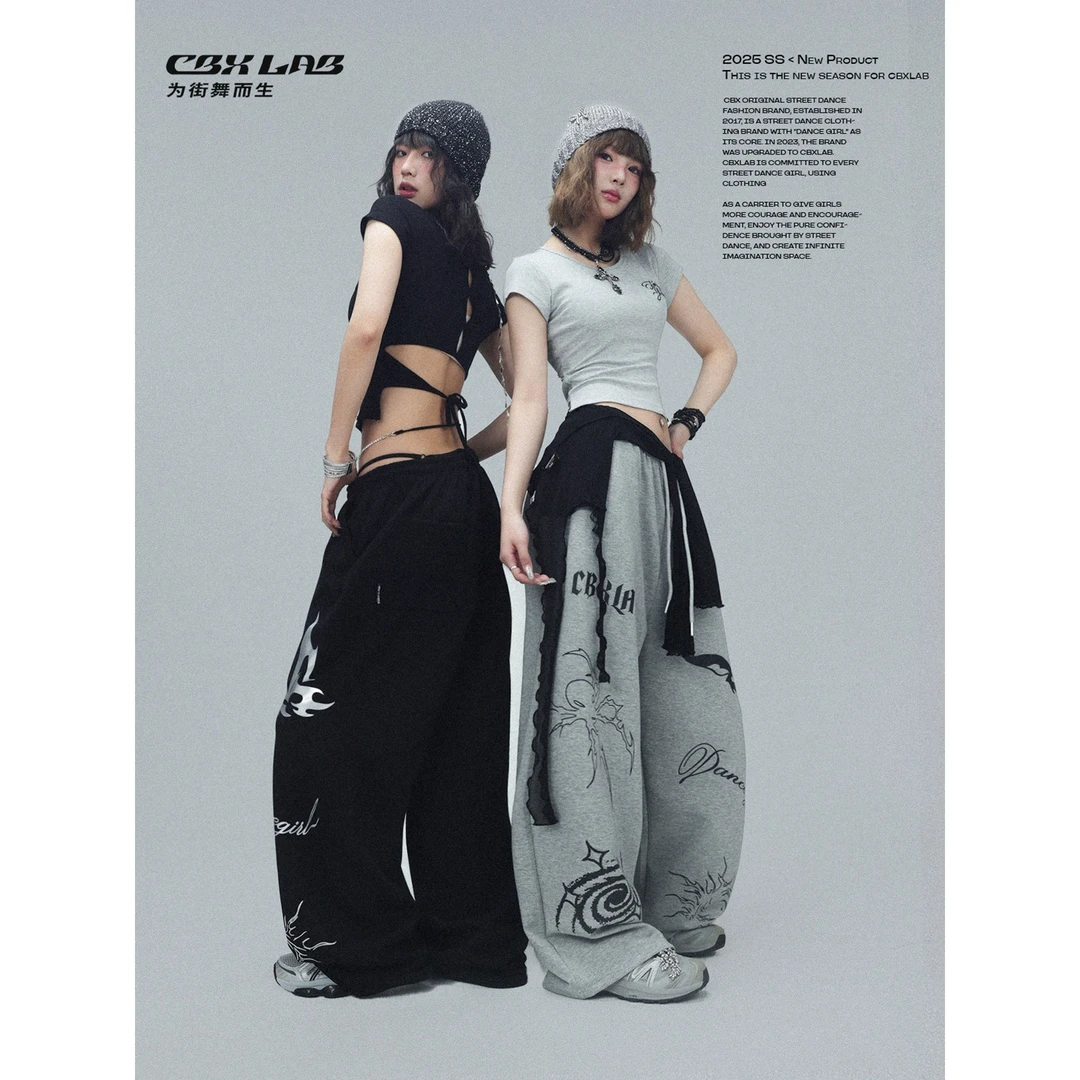 CBXLAB街舞潮牌虚实蝴蝶线条长裤显瘦美式休闲复古宽松印花设计感