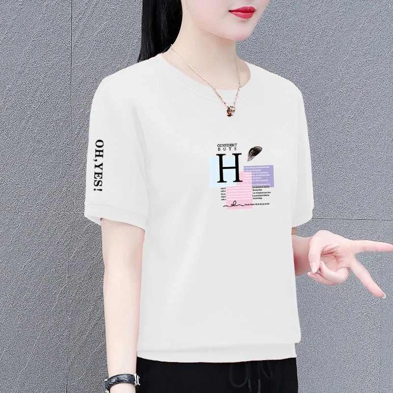 纯棉短袖卫衣女潮2024夏季新款宽松显瘦百搭印花圆领上衣女T恤衫