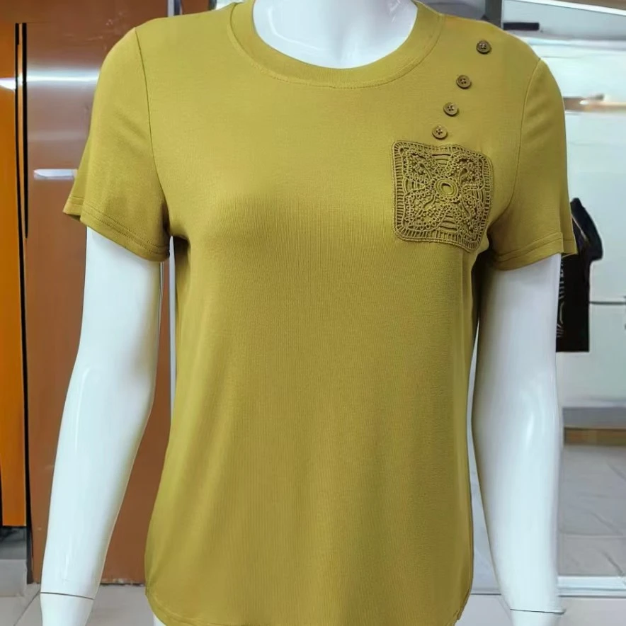 简约通勤胖女士显瘦莫代尔T恤2025新款春季绣花洋气小众上衣女