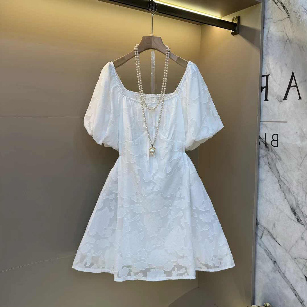 胖妹妹方领系带短袖暗花大码女装法式名媛风洋气淑女连衣裙2556