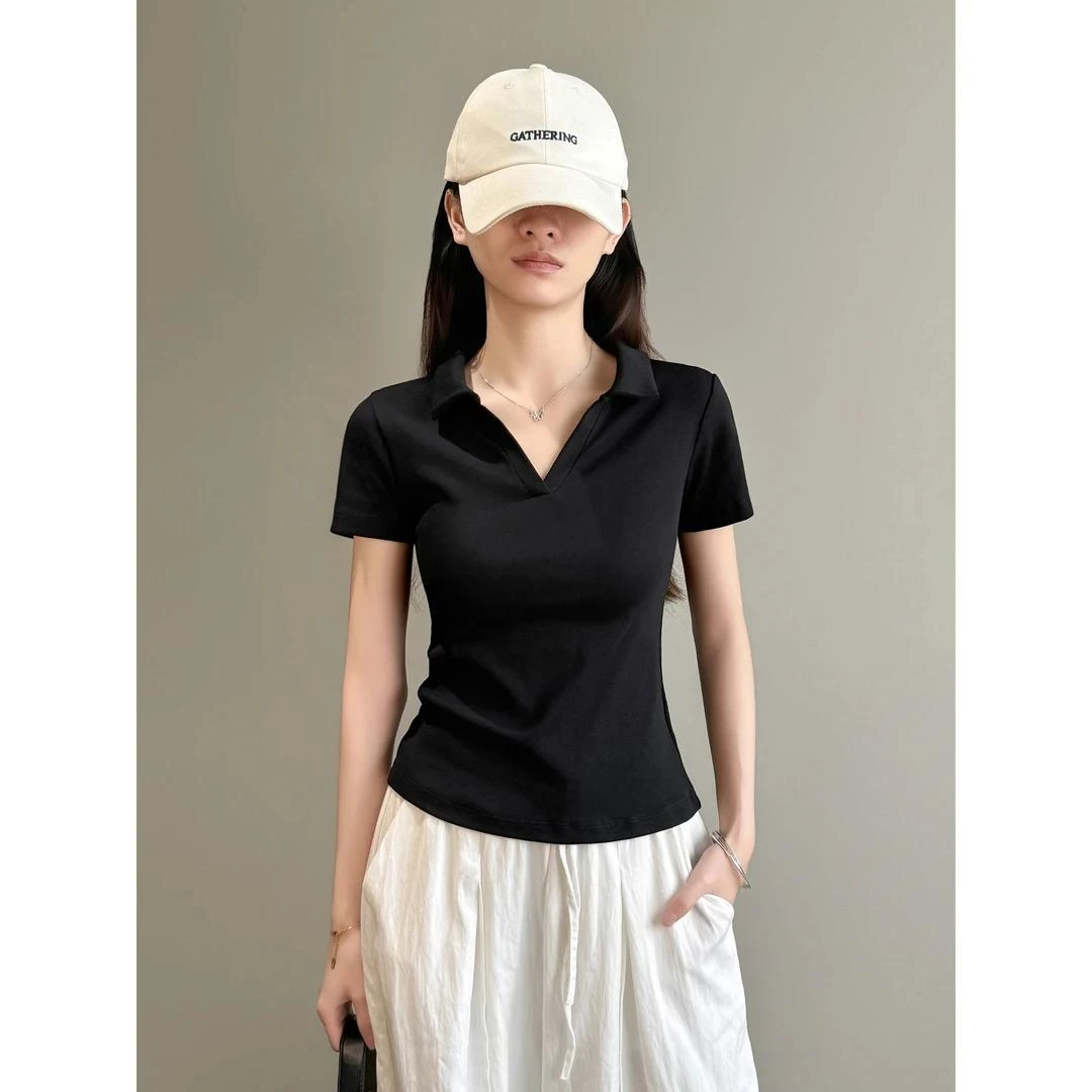 正肩翻领polo衫t恤女修身显瘦减龄新款夏季有领短袖洋气气质上衣