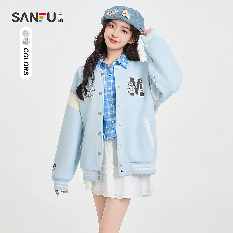 三福单外套2025春季小熊字母刺绣宽松棒球服上衣女装498236