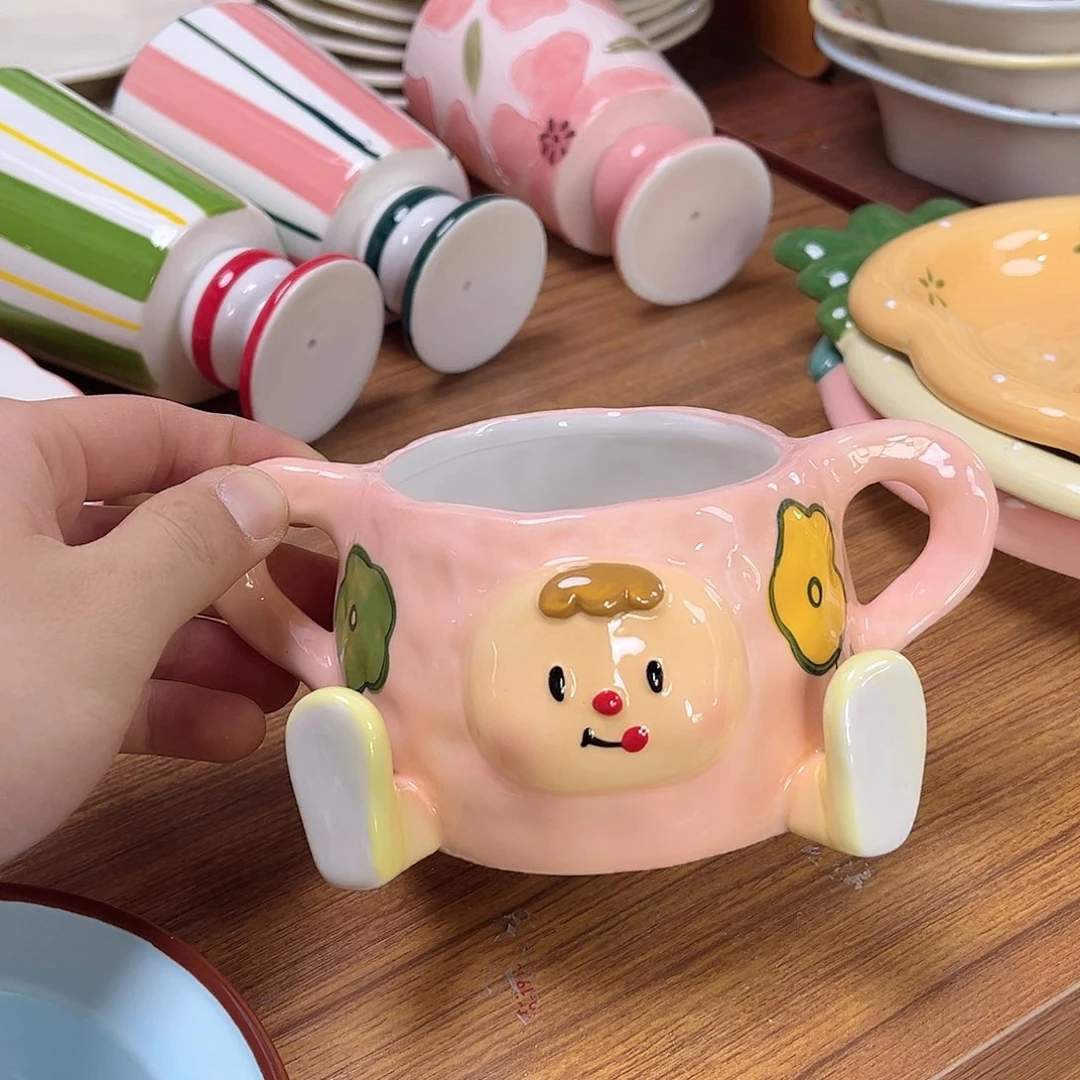 陶瓷双耳小女孩早餐杯