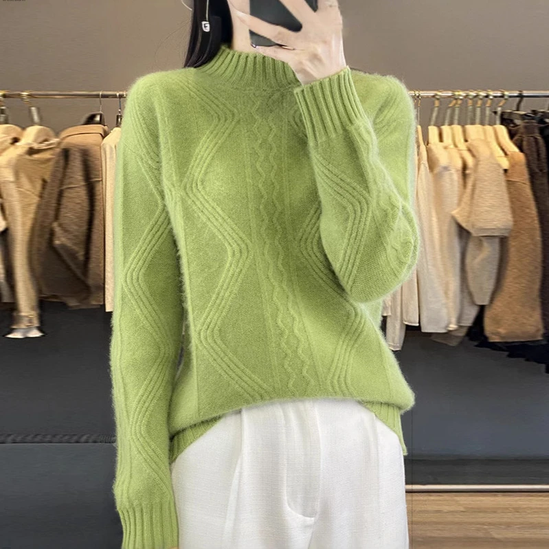 秋冬款纯羊毛衫女半高领提花宽松显瘦套头厚毛衣长袖羊绒打底上衣