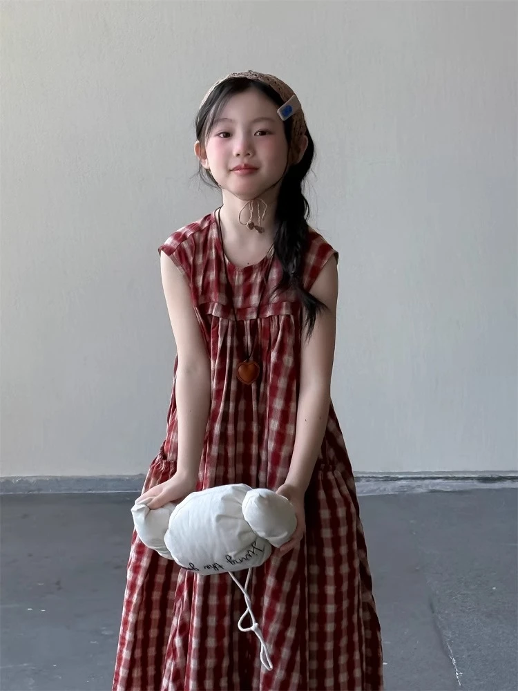 女童格子连衣裙2025夏季新款韩版儿童女孩棉布裙子洋气中长款长裙