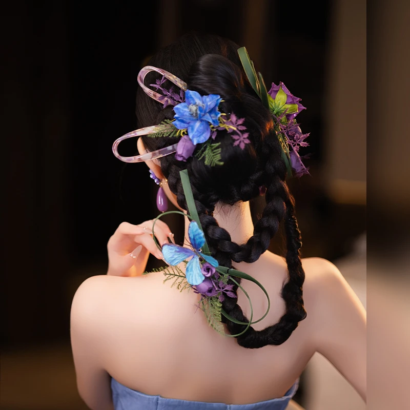 非金属布艺婚庆饰品 新娘新中式蓝紫色仿真花气质唯美发夹MC3049T