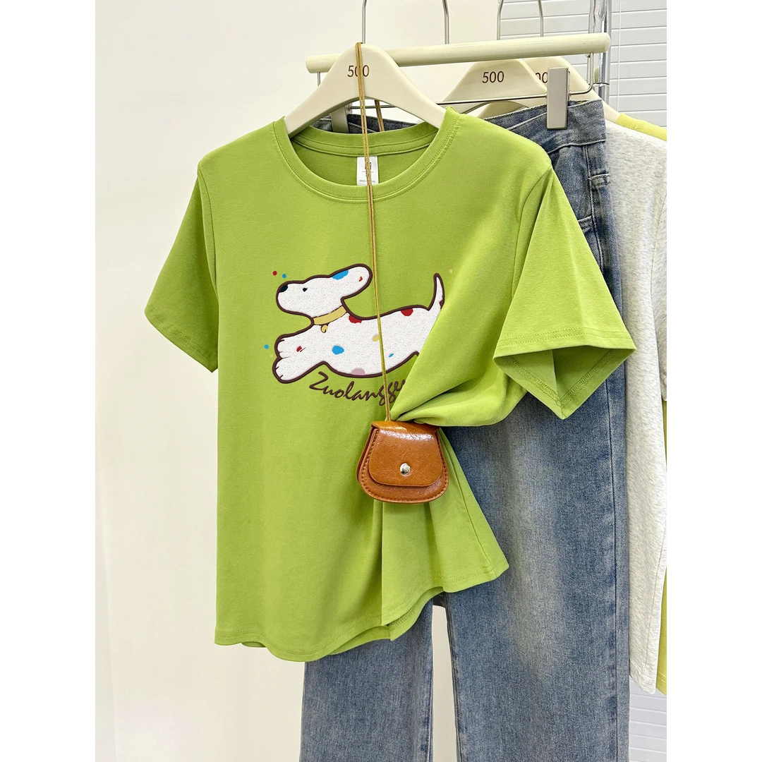 正肩圆领短袖T恤女夏季新款微胖mm大码遮肚子时尚洋气半袖上衣潮