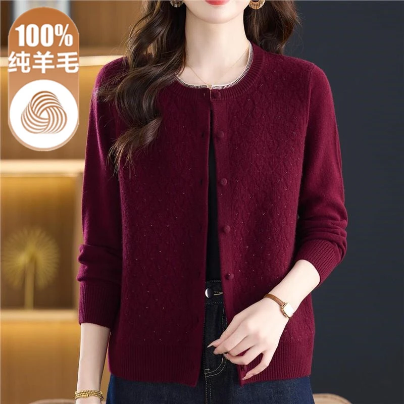 100%纯羊毛针织开衫女秋冬新款时尚大码打底衫妈妈装毛衣外套