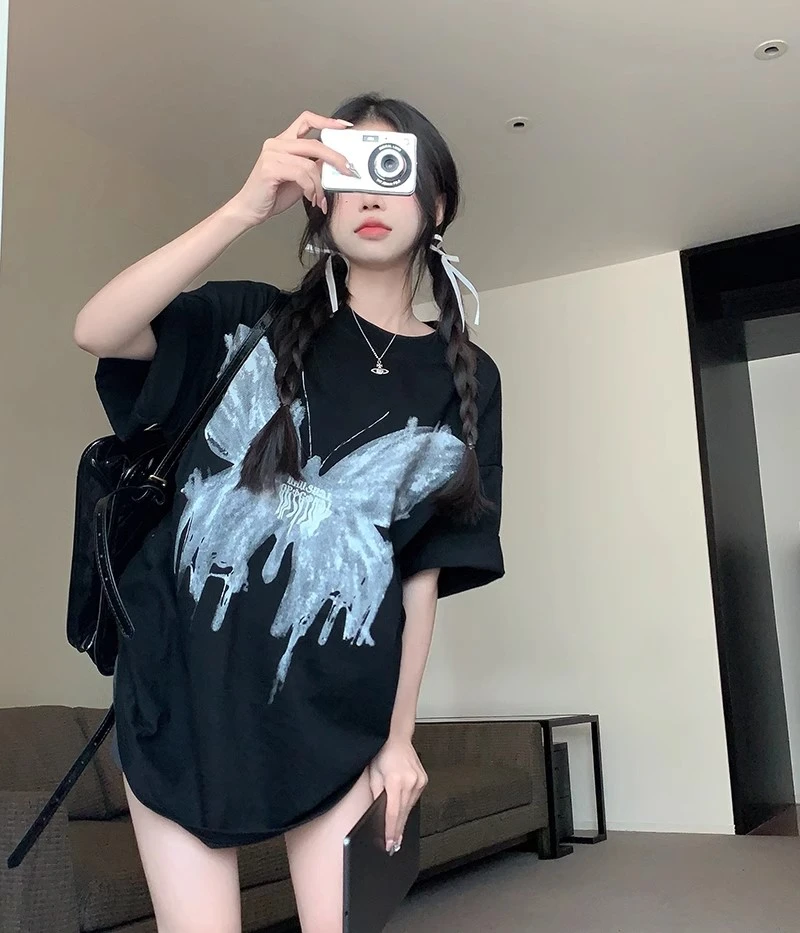 大码300斤纯棉短袖t恤男女夏季2025新款小众蝴蝶印花休闲半袖上衣
