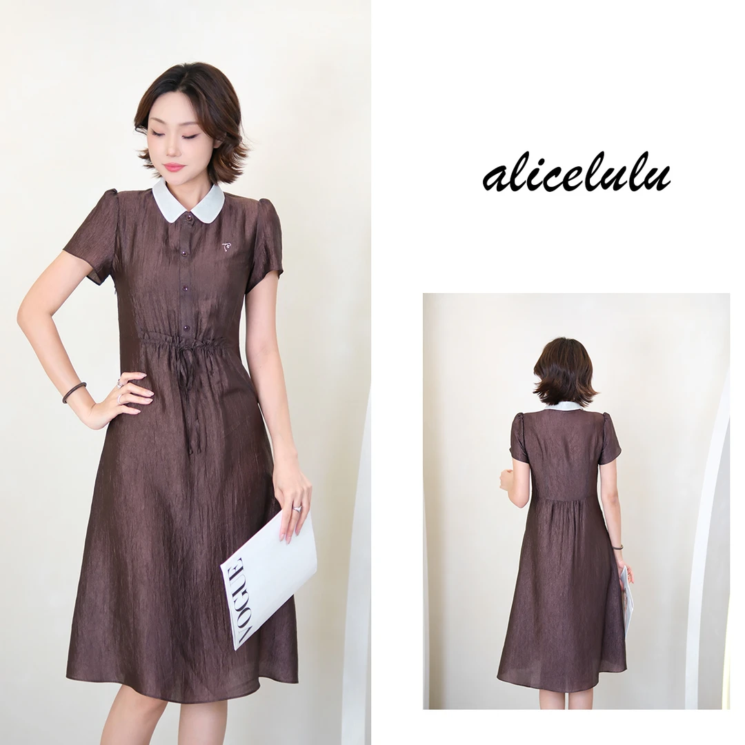 [alicelulu]时尚气质翻领系带收腰短袖连衣裙S1035071U