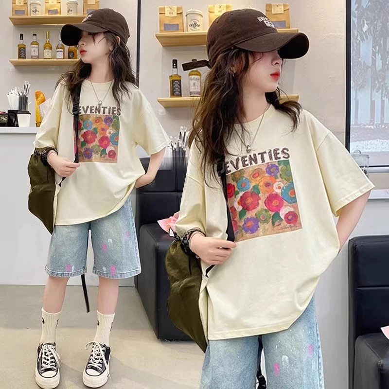 【100%纯棉】童装女童t恤短袖夏季儿童中大童女孩上衣半袖夏装潮款