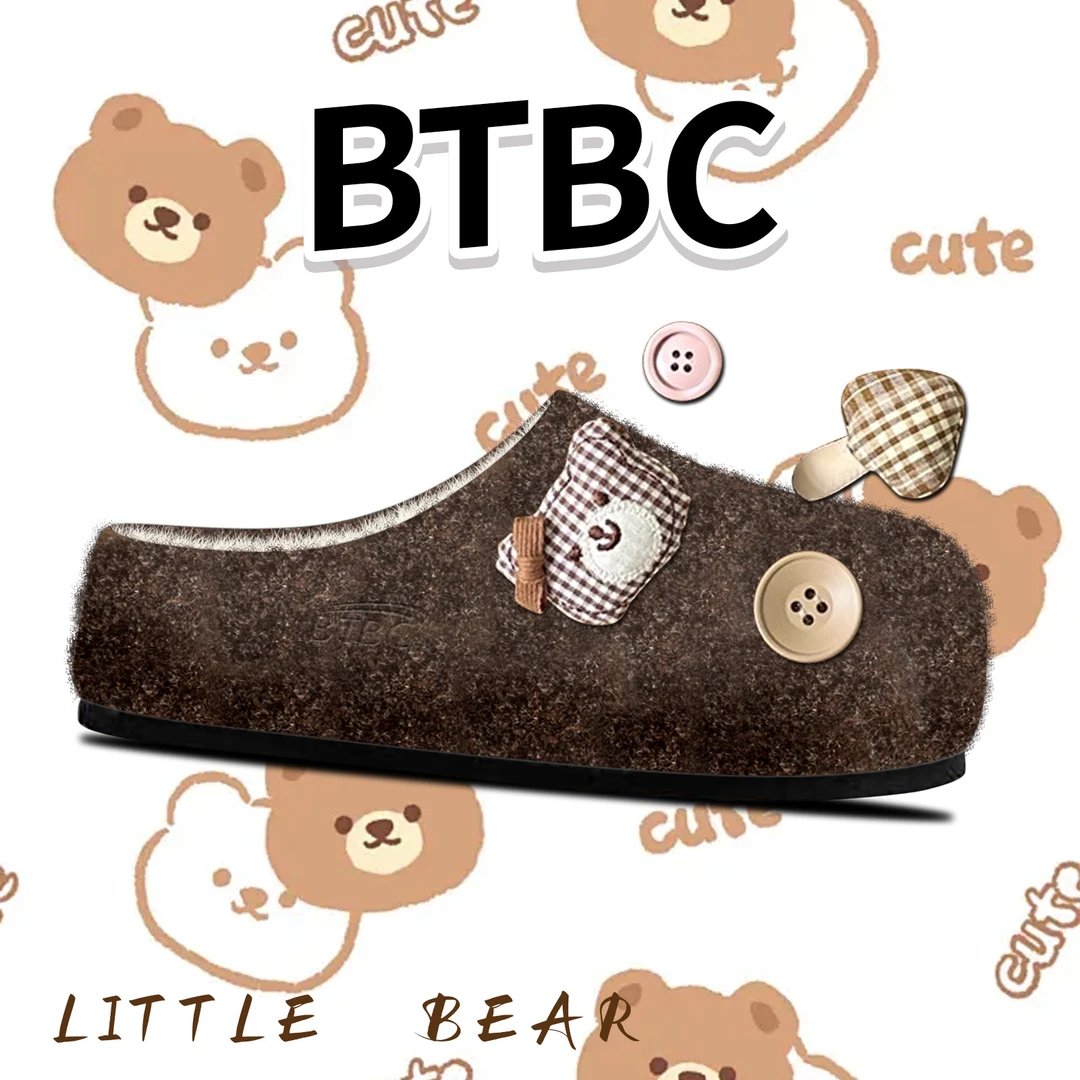 BTBC·【纽扣毛毛熊】2025冬季加绒保暖厚底增高勃肯鞋原创休闲女鞋