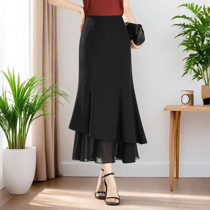 冰丝鱼尾裙女夏季薄款高腰长裙不规则包臀裙垂感修身显瘦一步裙