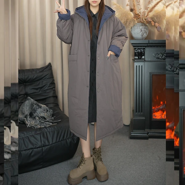 肉肉家2025年新款百搭宽松大码带帽双面双穿棉服9227