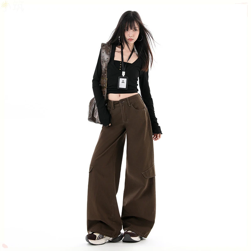 2025秋季新款美式休闲工装阔腿牛仔裤复古女设计感宽松直筒裤子