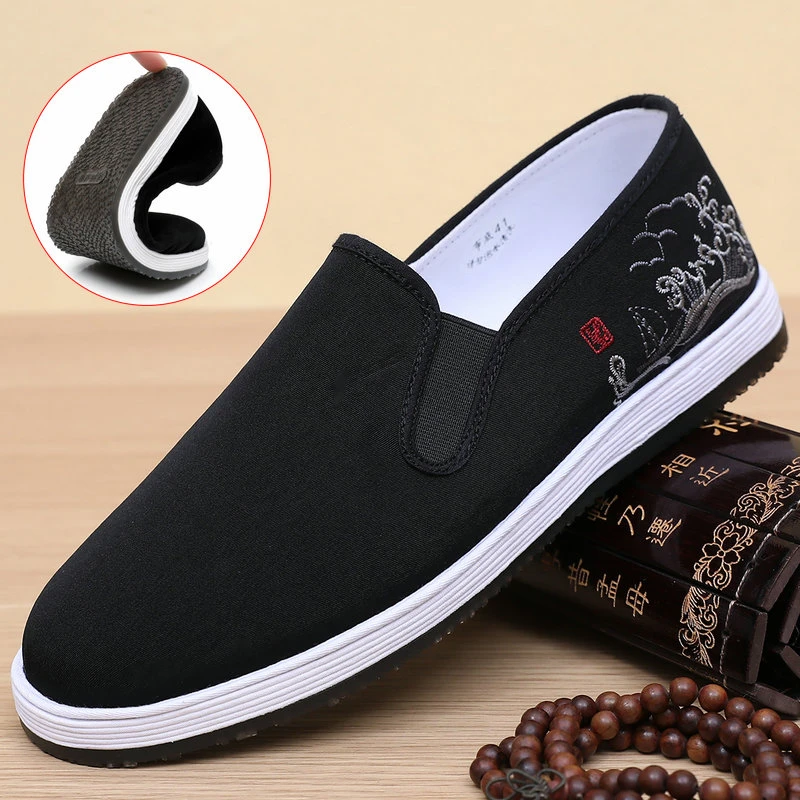老北京布鞋男正品手工千层底刺绣休闲舒适透气爸爸超黑单鞋一脚蹬
