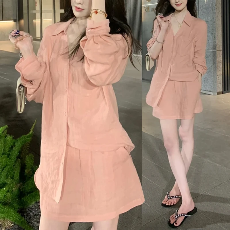 翻领长袖衬衫女半身裙裤两件套2025夏季新款美拉德粉穿搭一整套女