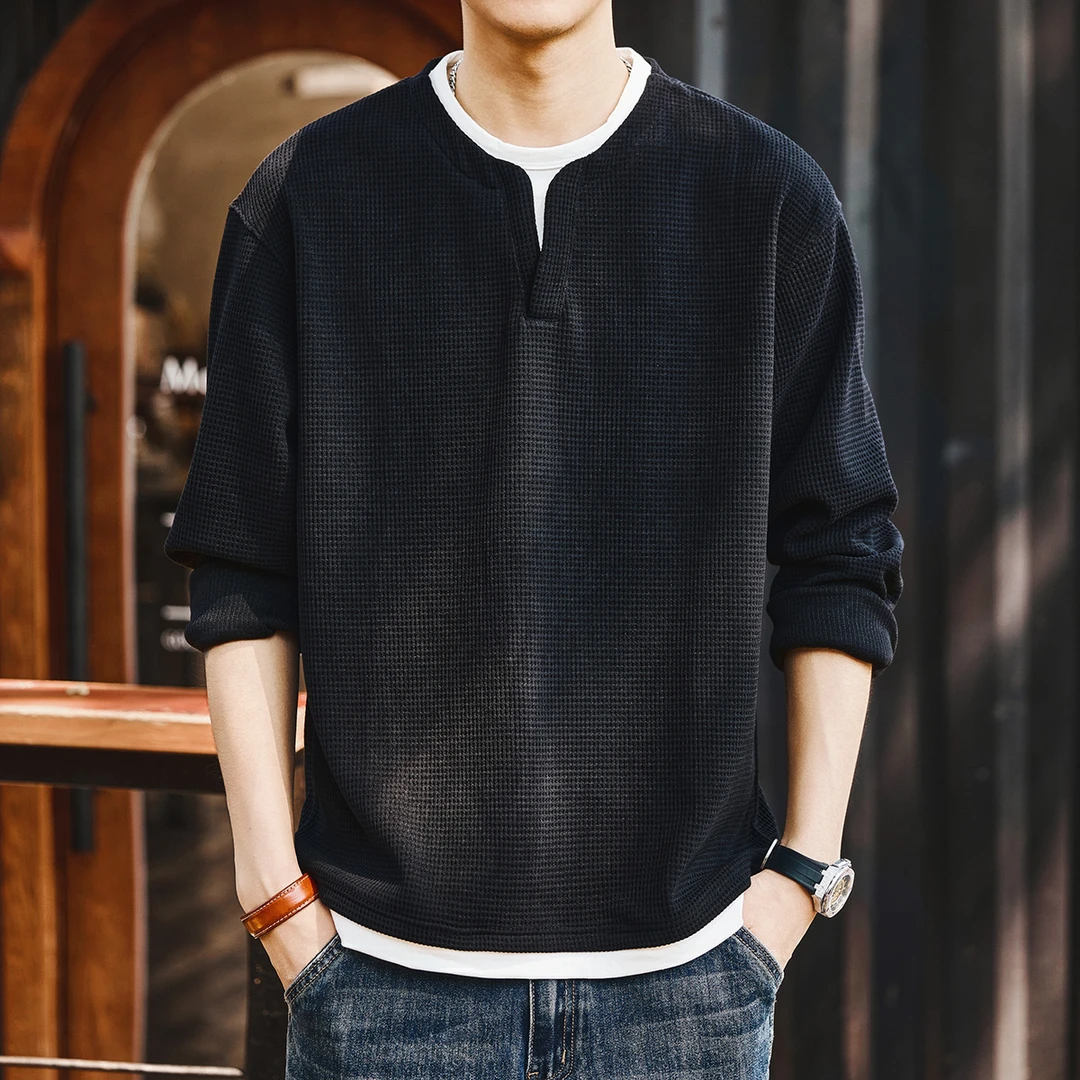 格蓝鹿美式重磅肌理华夫格假两件V领男士T恤春秋新款宽松硬汉上衣